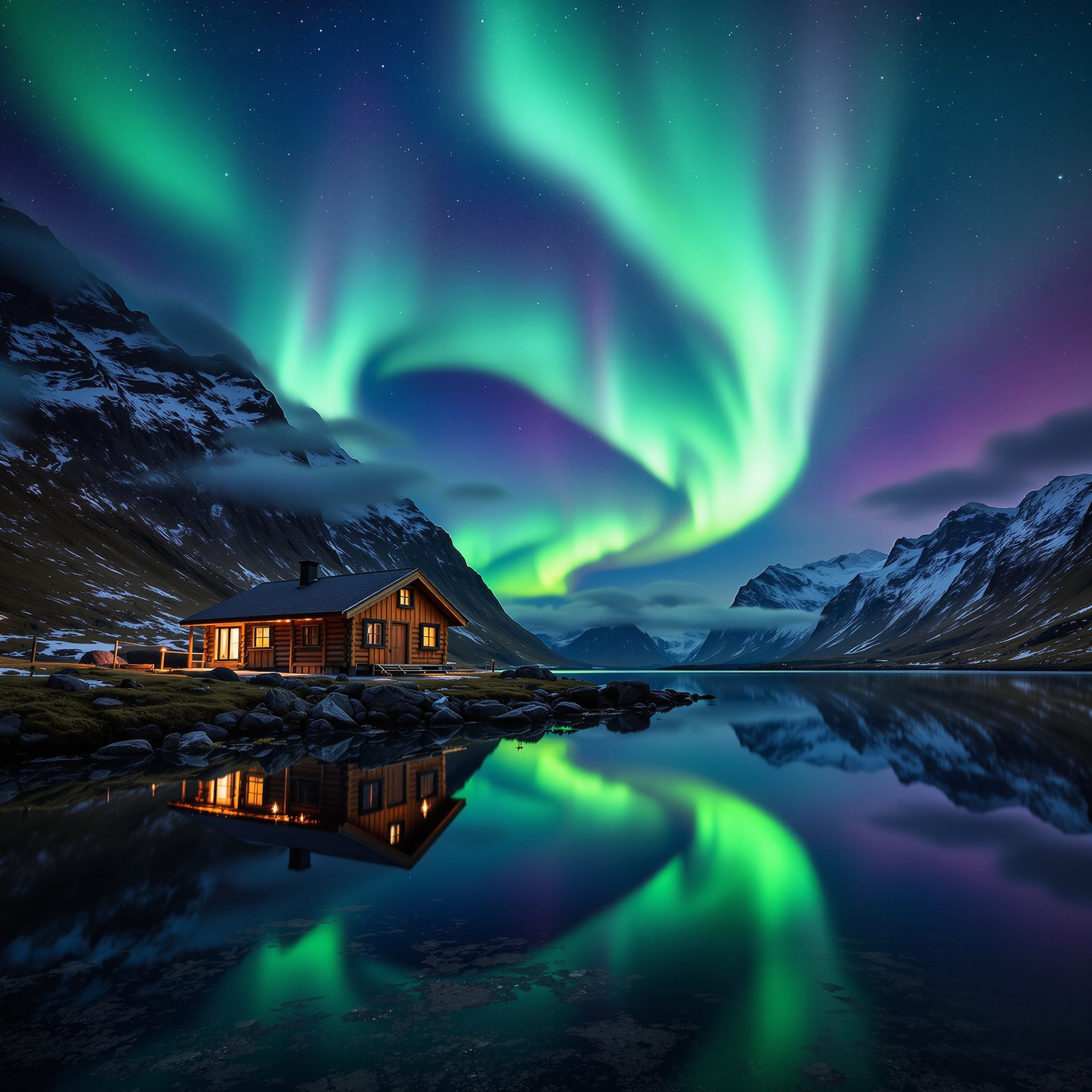 Aurora boreal sobre fiordos noruegos