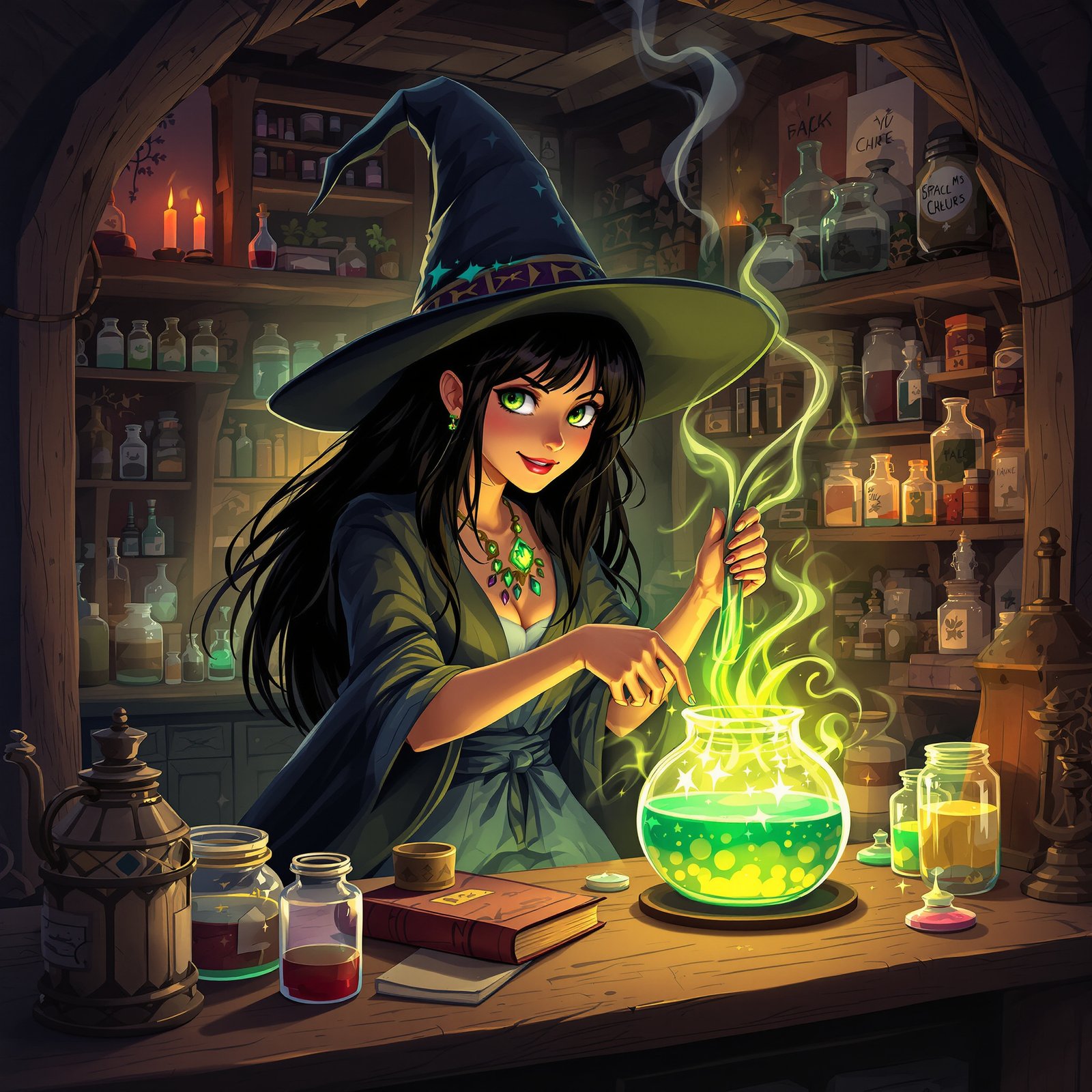 Bruja joven preparando poción
