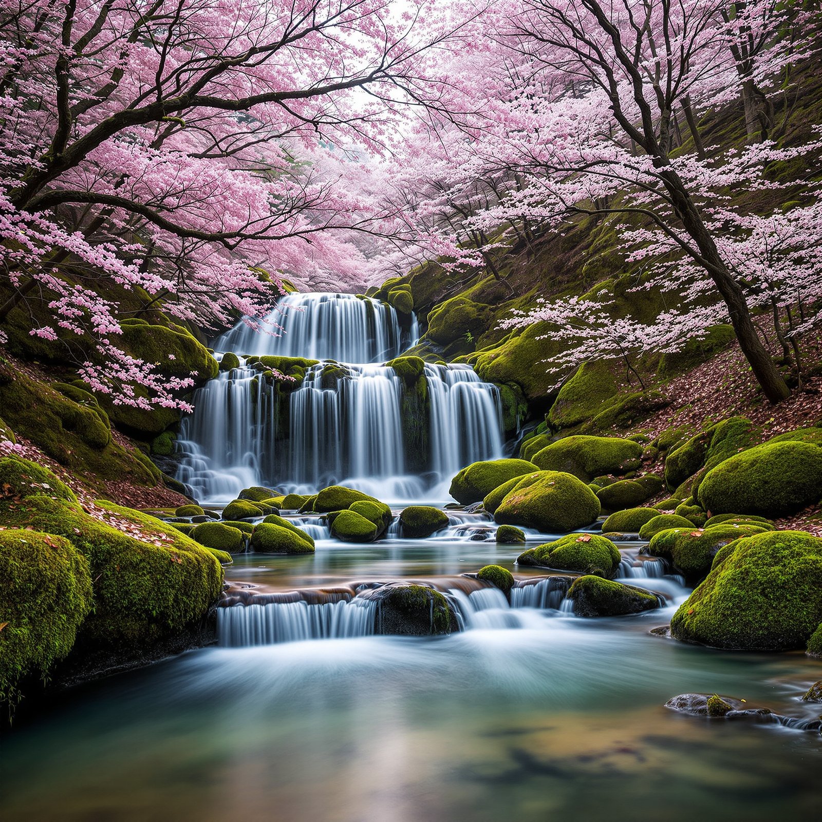 Cascada en bosque primaveral japonés