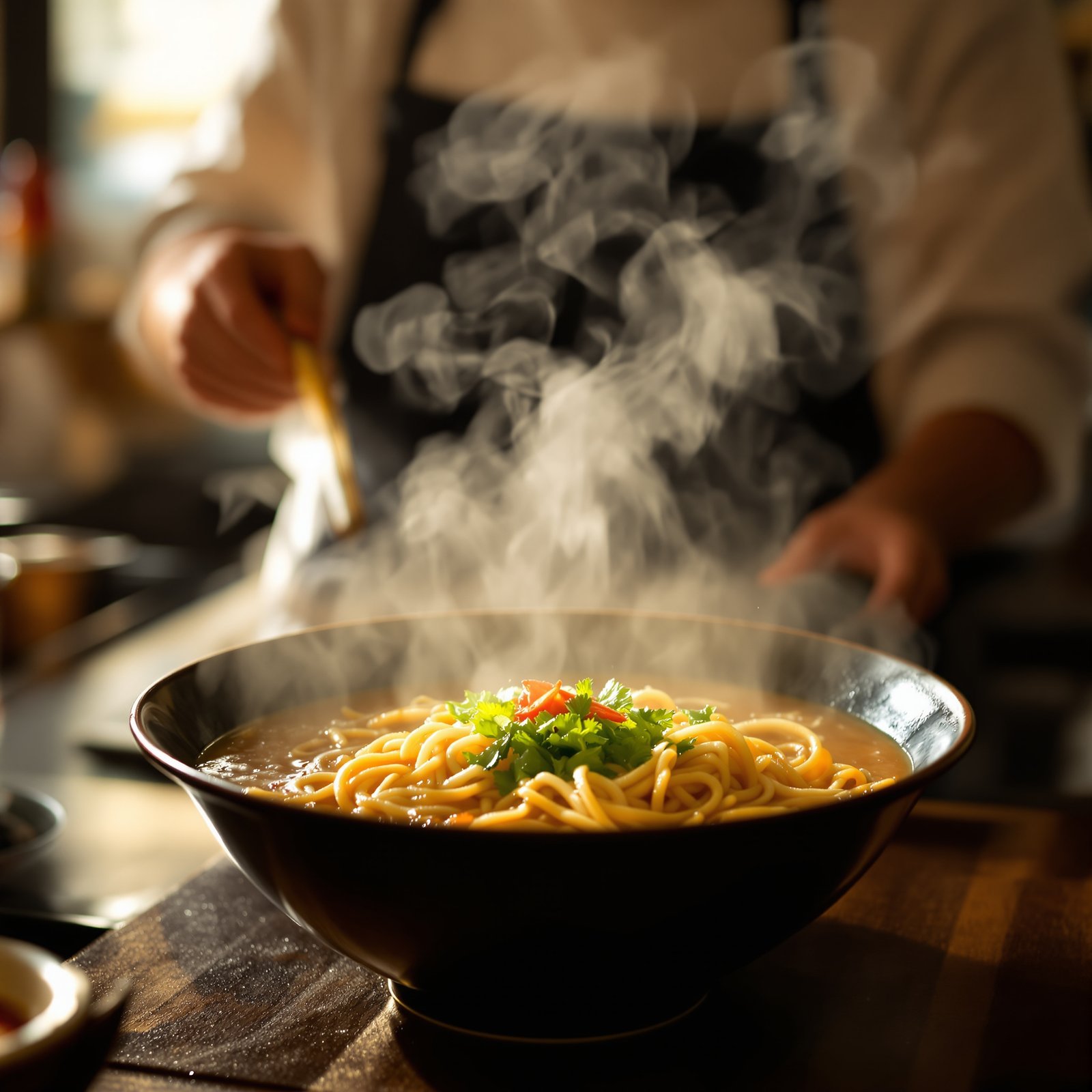 Chef preparando ramen japonés