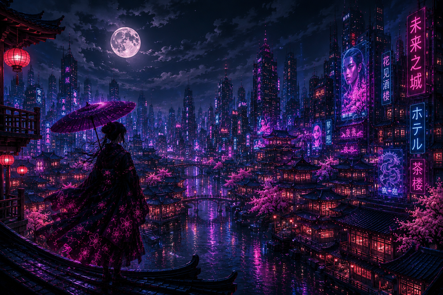 Ciudad Cyberpunk Japonesa de Noche | Fondo de Pantalla 4K