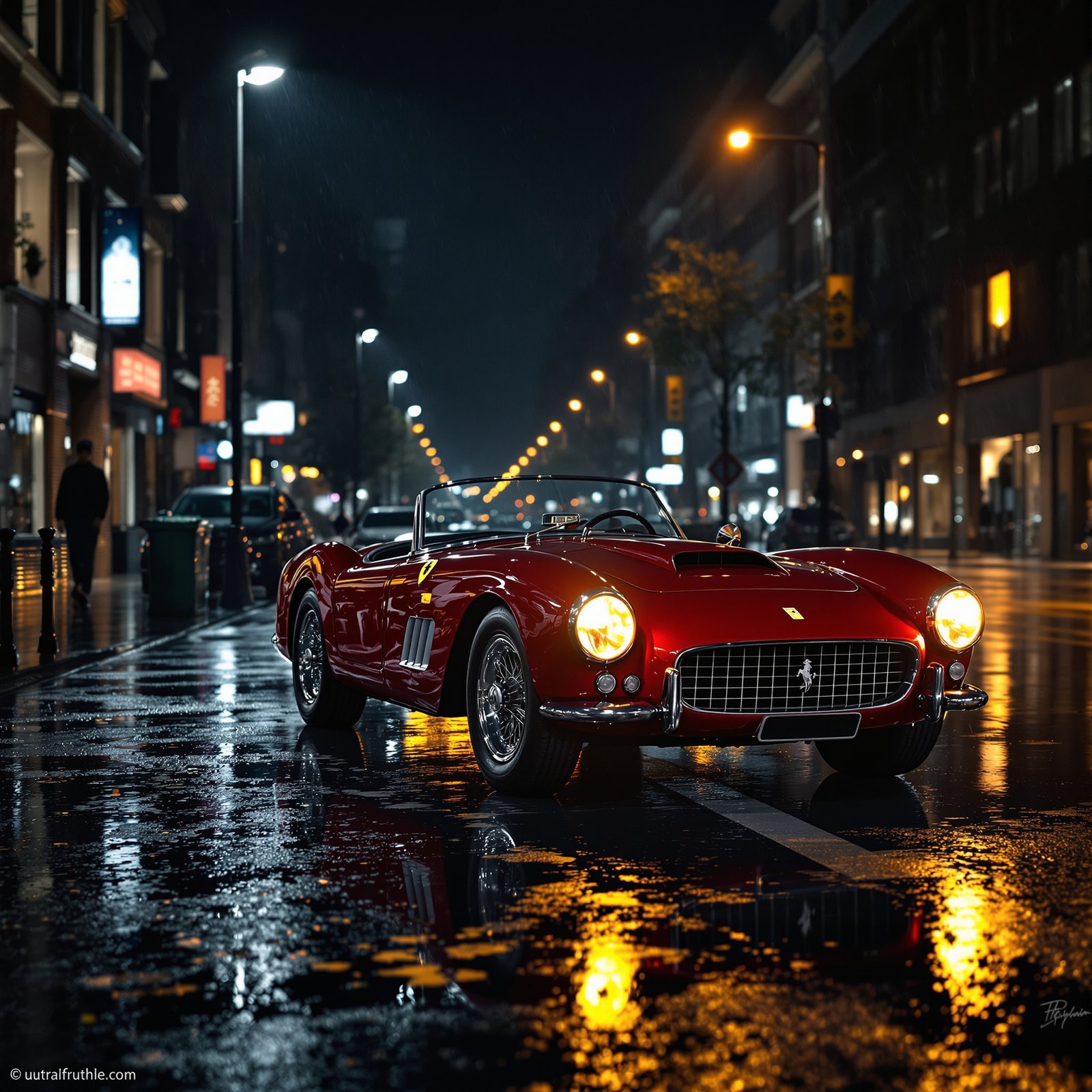 Coche deportivo clásico en la lluvia