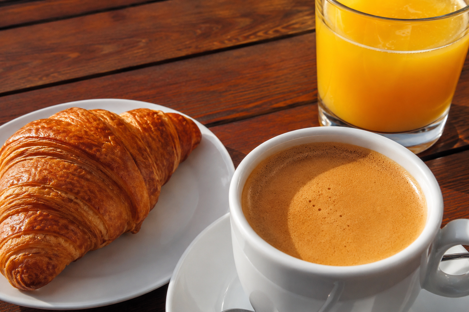 Desayuno con croissant, café y zumo de naranja hiperrealista