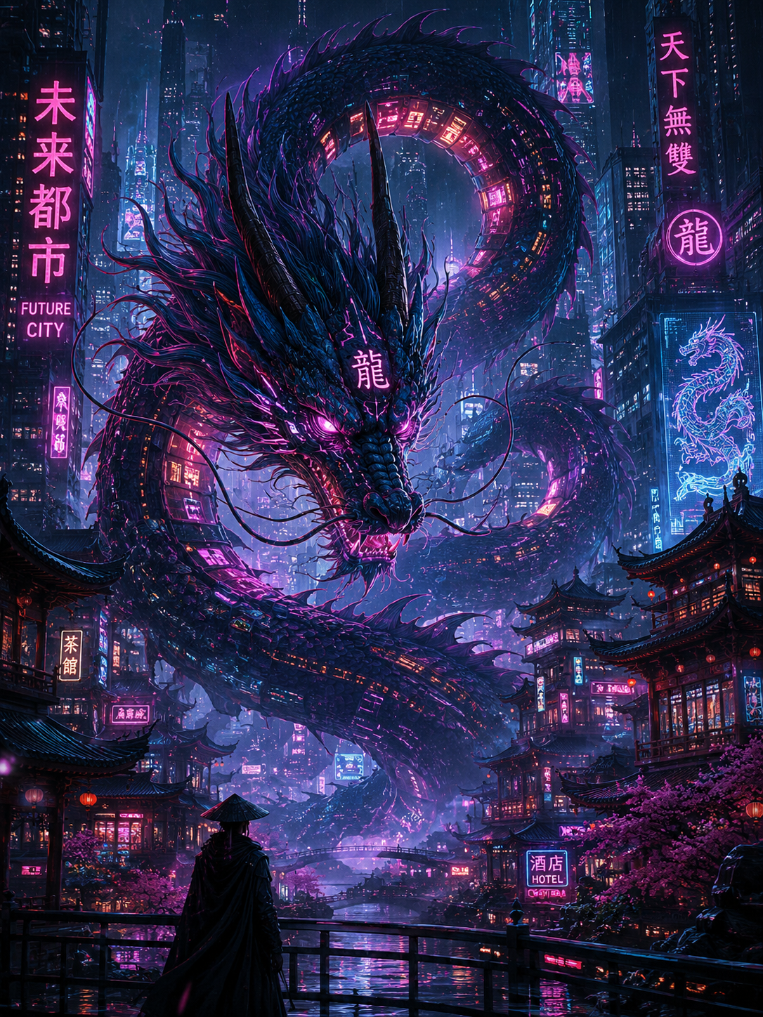 Dragón Cyberpunk Chino Futurista entre Neones