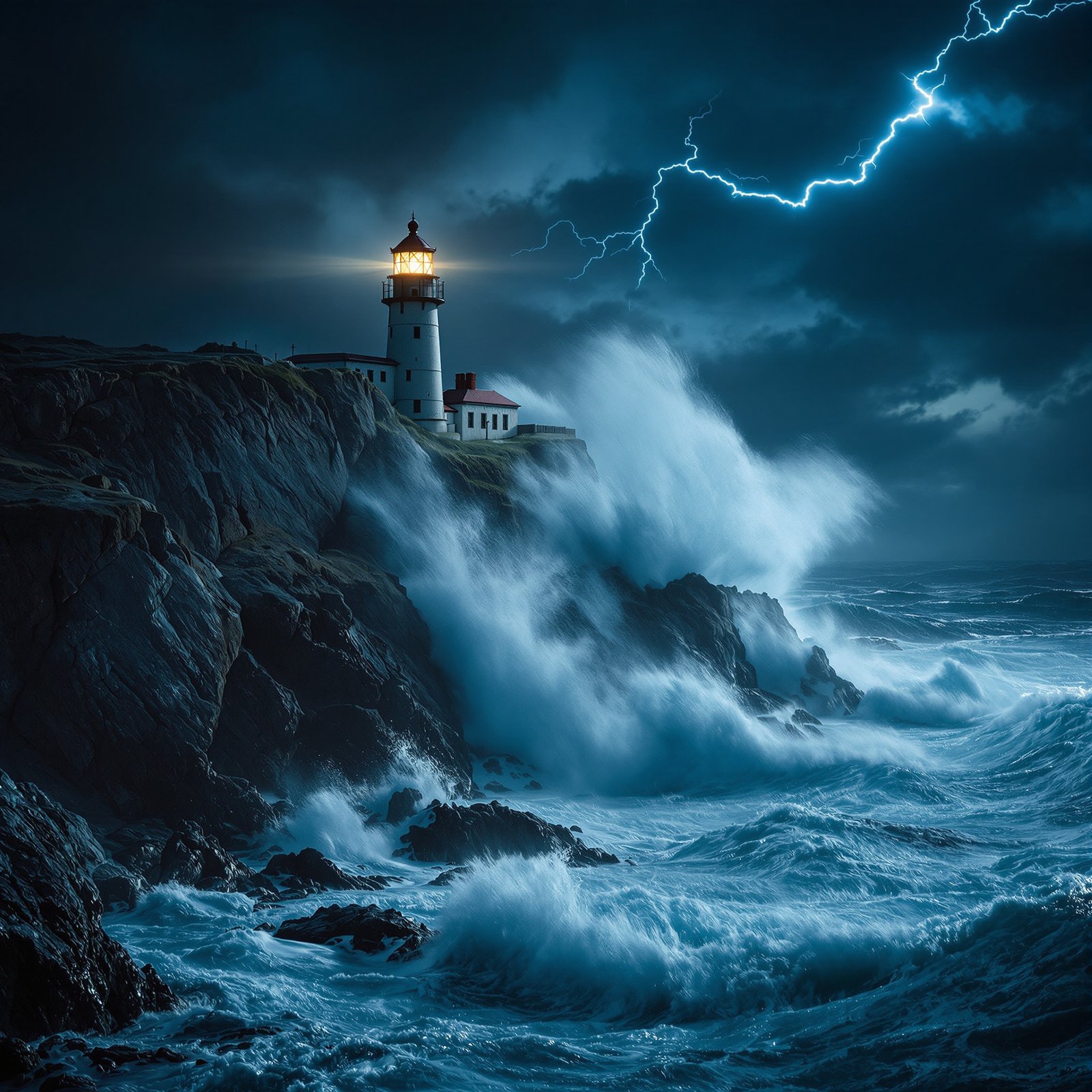 Faro en acantilado durante tormenta