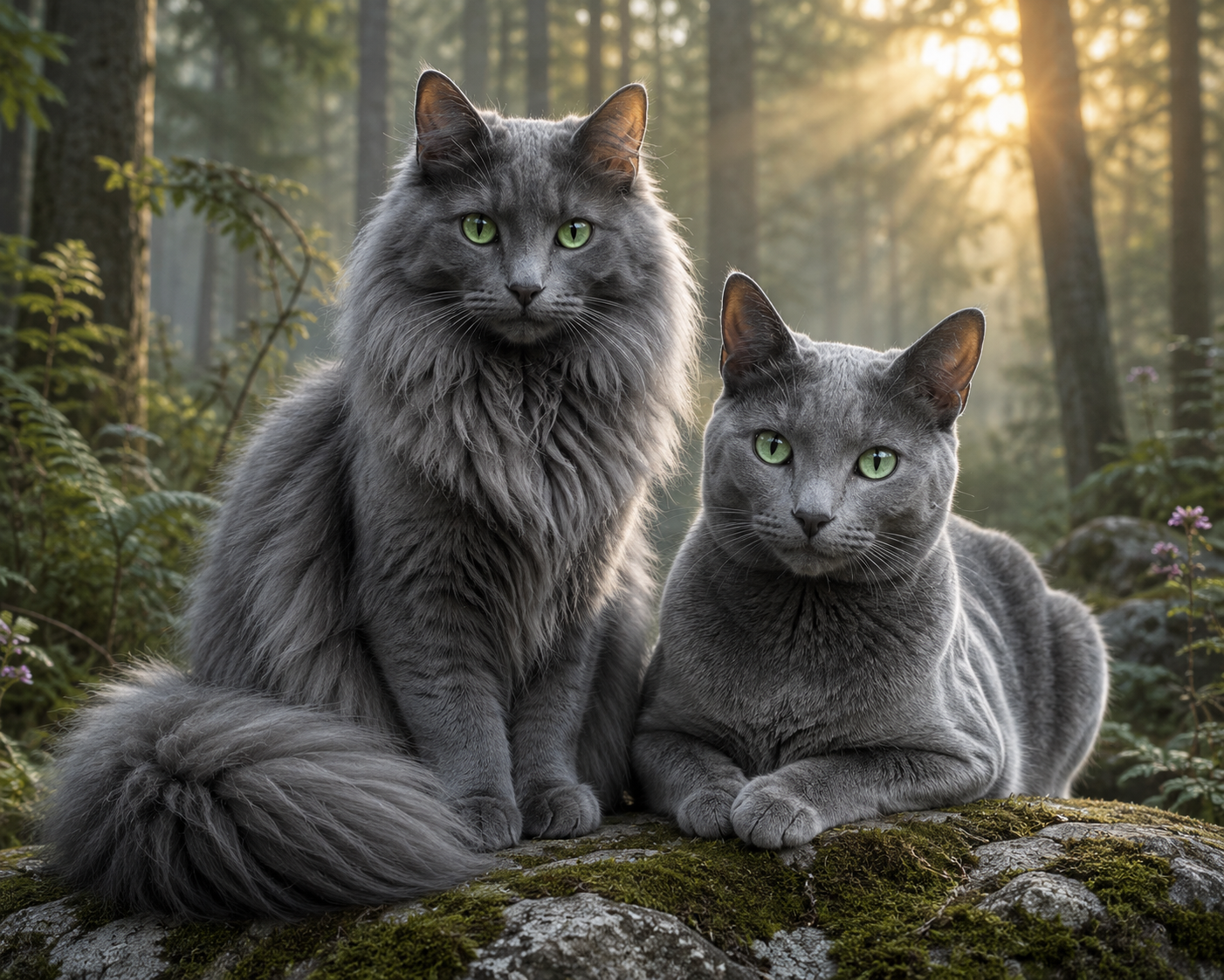 Dos Gatos Rusos Juntos en un Bosque – Nebelung y Azul Ruso Realistas