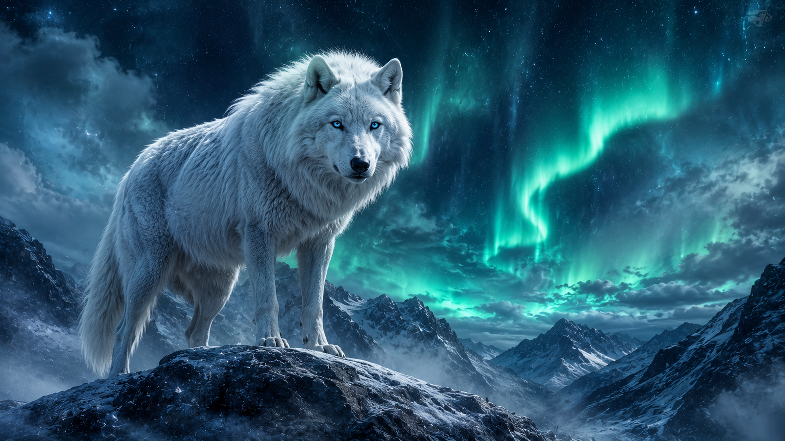 Lobo Blanco con Aurora Boreal