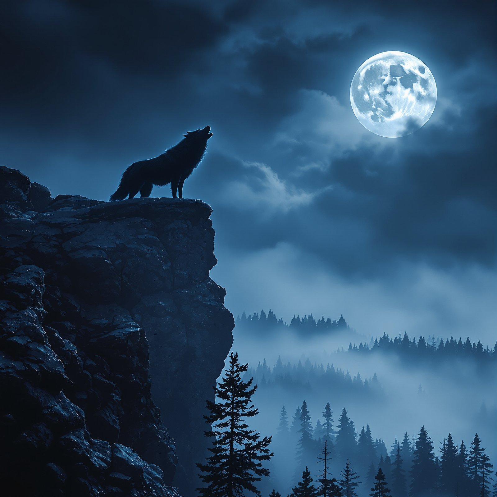 Lobo negro bajo luna llena