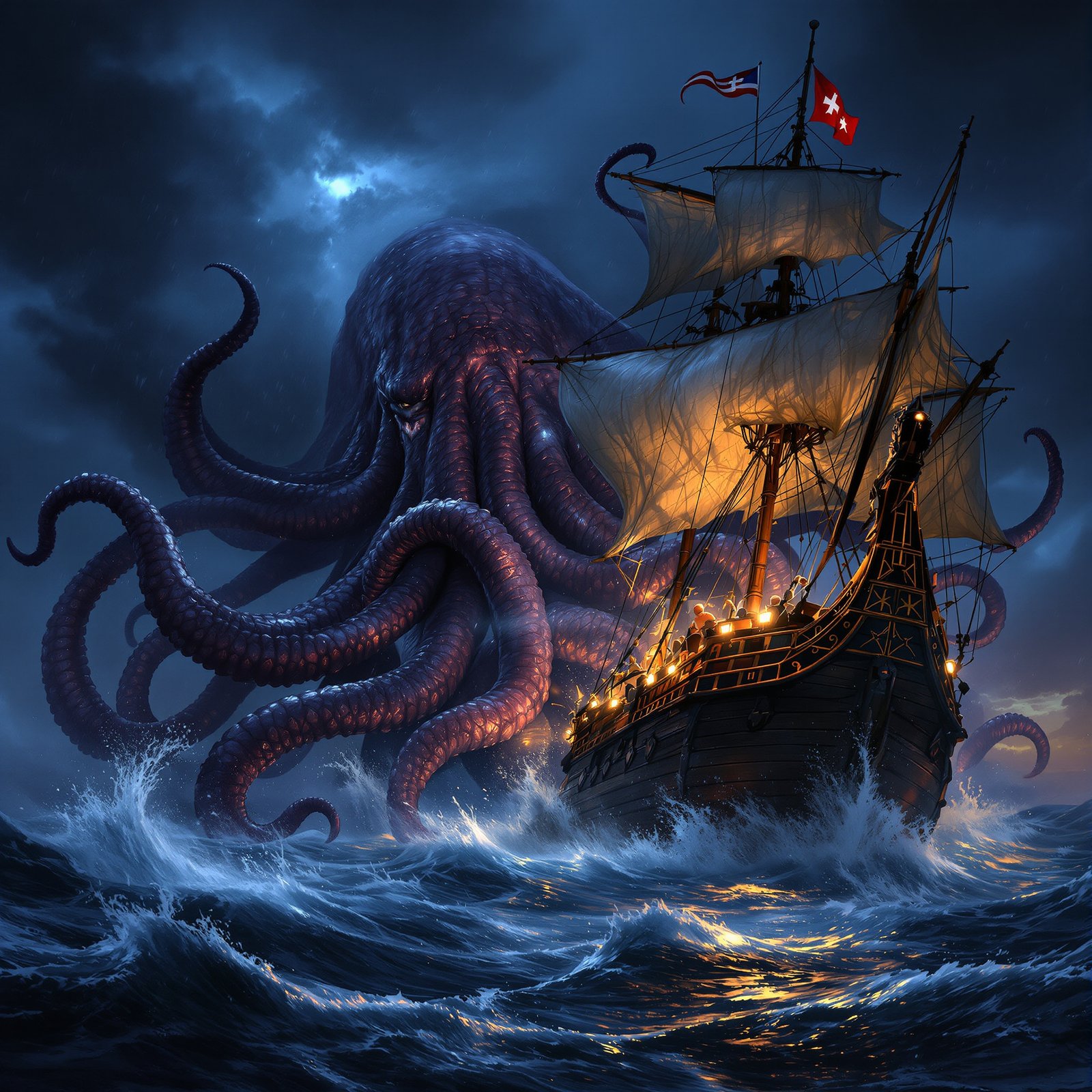 Pulpo gigante atacando galeón