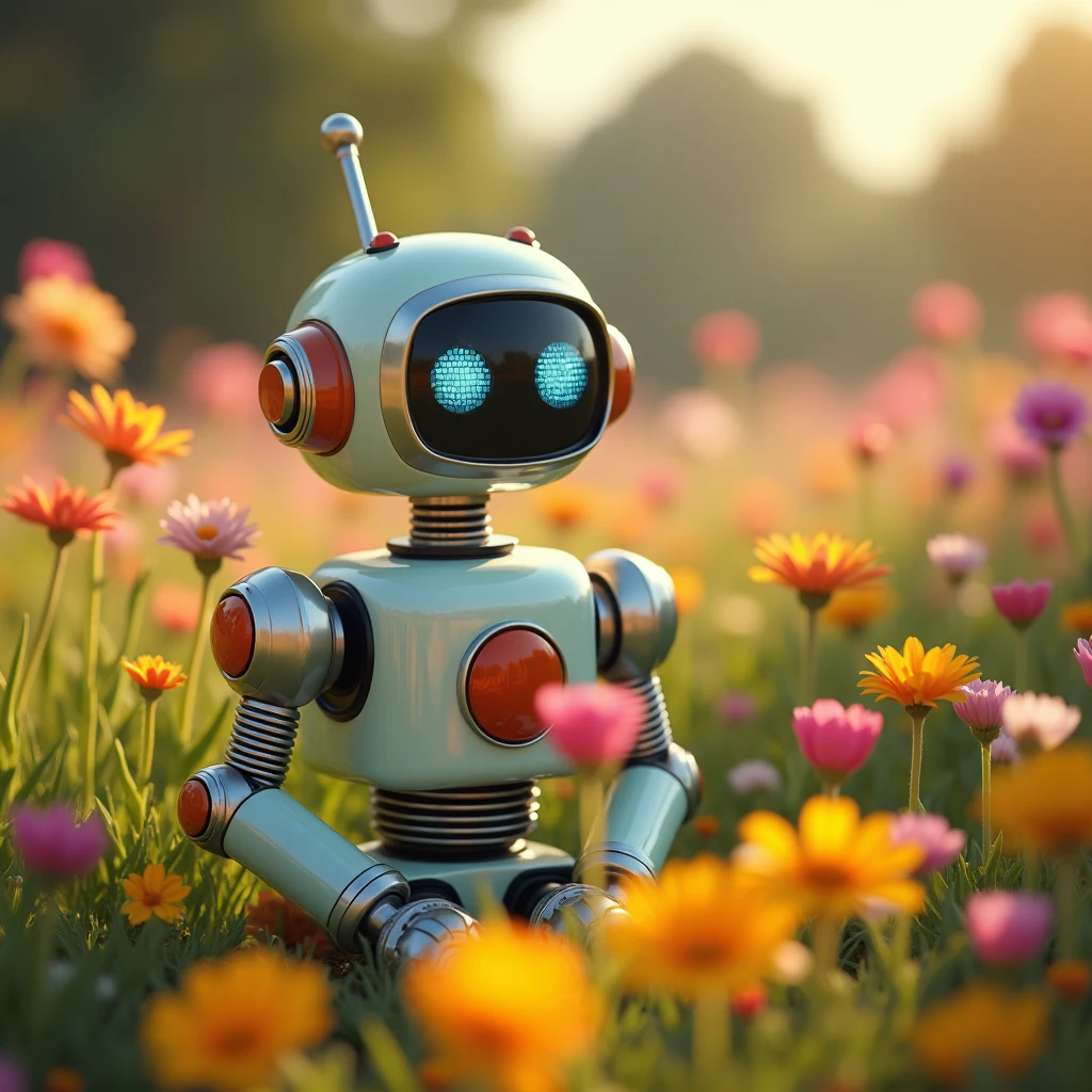Robot vintage en jardín de flores