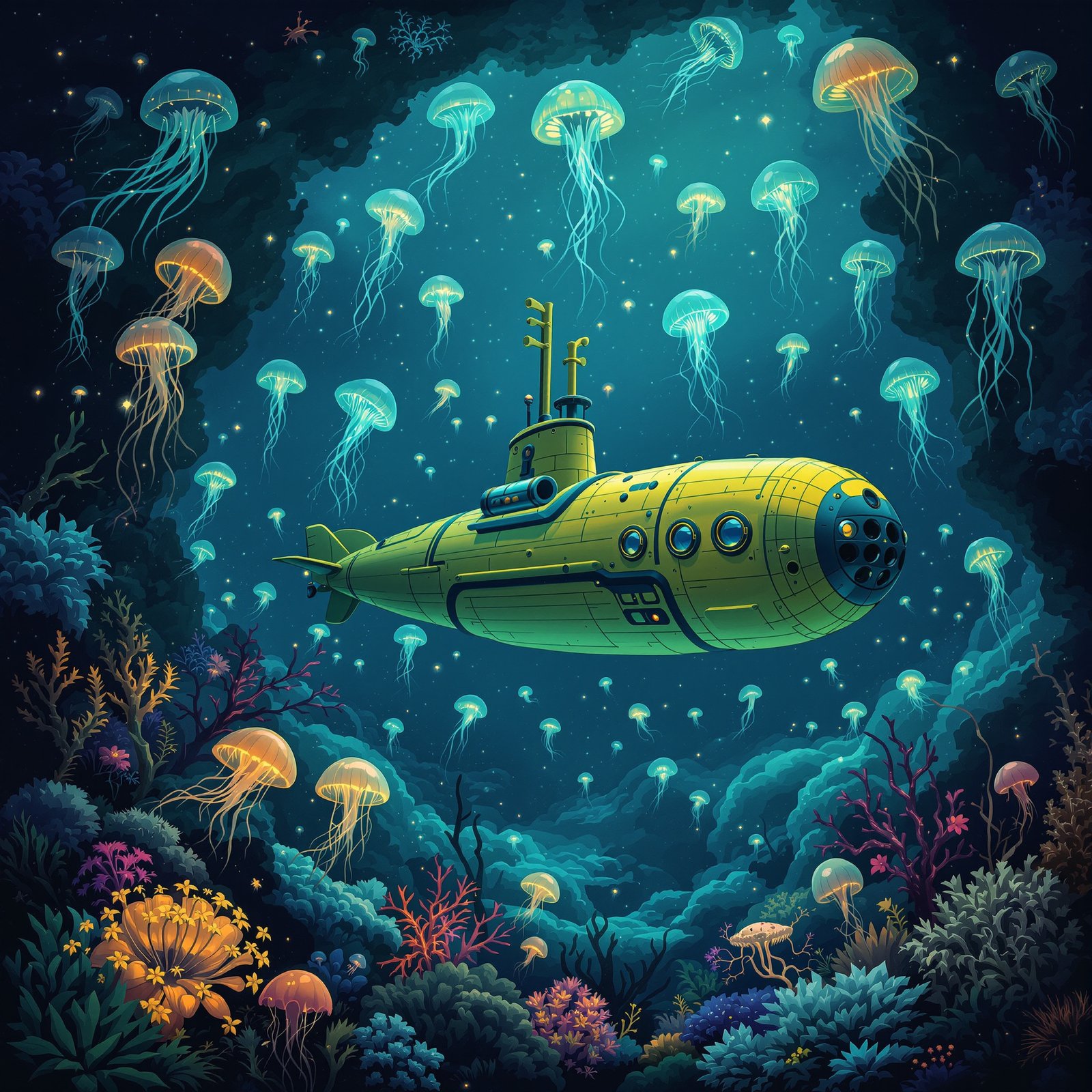 Submarino vintage en océano profundo
